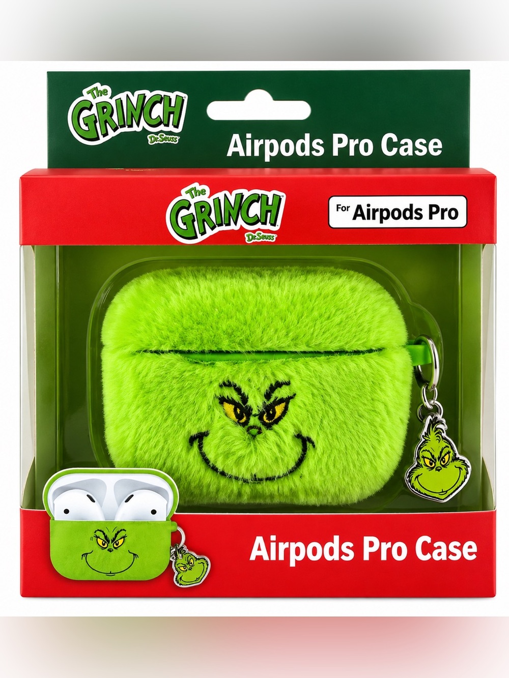 Dr. Seuss The Grinch AirPods Pro Case Fuzzy Green Plush w/ Charm New